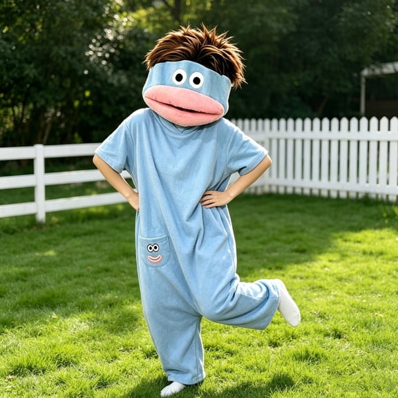 Hooded Big Mouth Cartoon Jumpsuit for Kids, Novelty Short Sleeve Sleepwear, Skin Friendly Flannel Fabric for Holiday Cosplay Blue 10