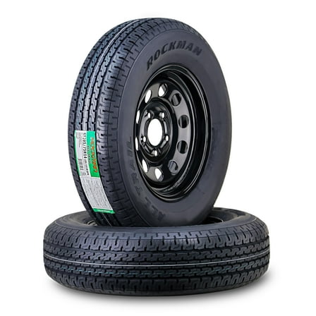 ROCKMAN Trailer Tire Wheel Assembly ST205/75R14 8-Ply D 105M 5 Lug on 4.5" PCD Black Mod Rim ,SET 2