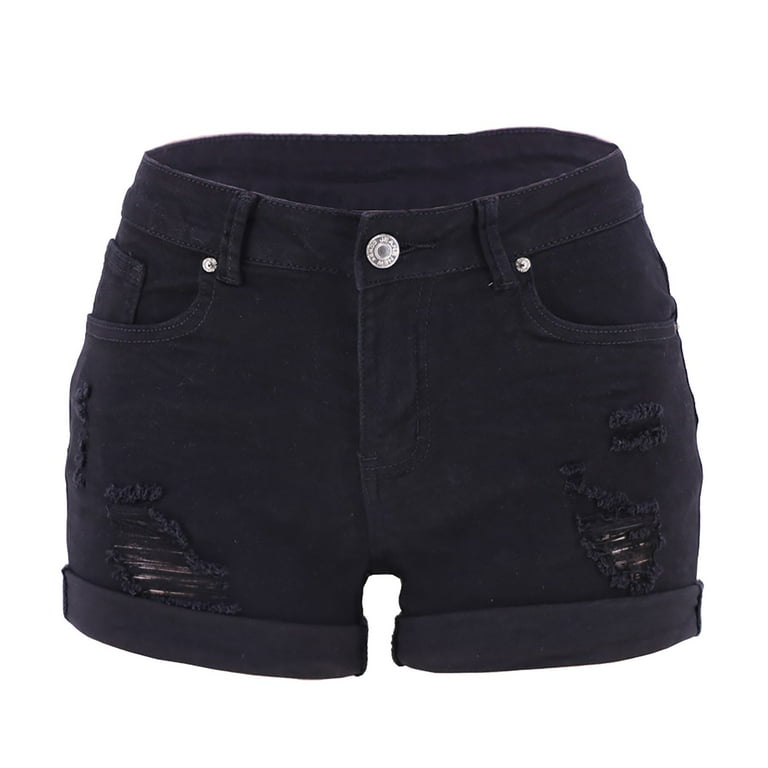 Wefuesd Women Low Rise Ripped Stretchy Jeans Shorts Cuffed Hem