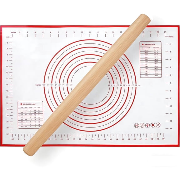 HuiJuMei French Rolling Pin and Baking Mat Set - 16 Inch Beech Wood Pastry Rolling Pin with Non-Stick Silicone Baking Mat for Pie Crust, Cookies, Pizza Dough, Easy to Clean Baking Utensils Set