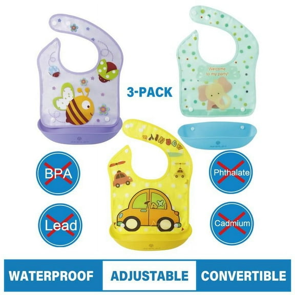 Amplim Infant & Baby Bibs, Waterproof, Convertible Drooling/Feeding Bib, Adjustable, Light Weight, BPA Free, Stain Resistant, Eco-Friendly, 3 Piece