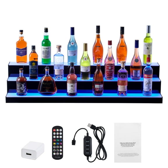 KFFKFF LED Illuminated Bottle Display, 3-Level 48" Bar Shelf for Home and Commercial Use, Acrylic Beverage Stand with RF Remote & App, Multicolor Lights