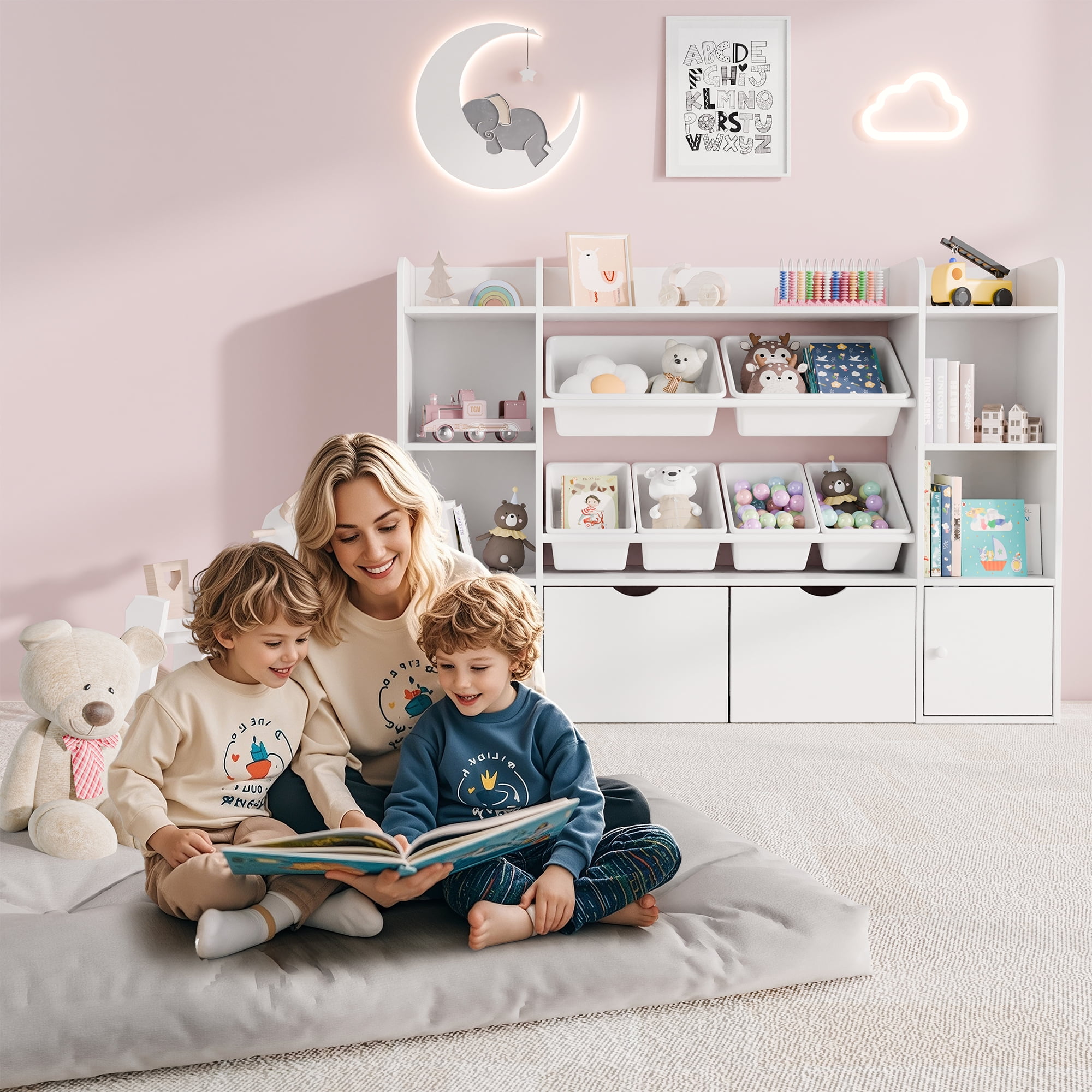 Reasea 6-Bin Toy Storage Organizer for Kids – 4-Tier Bookshelf with 6 Removable Cubbies & 2 Movable Drawers, Kids Toy Shelf for Playroom, Bedroom– White