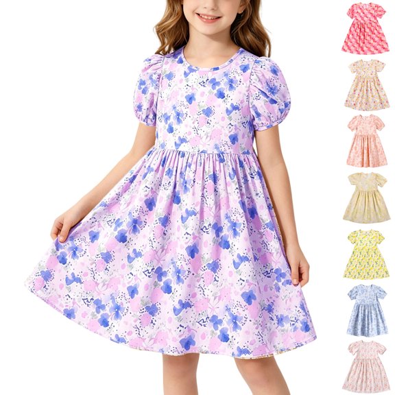 SROBPTY Teen Girls Dresses Print Short Sleeve Crew Neck A Line Mid-Length Sundress