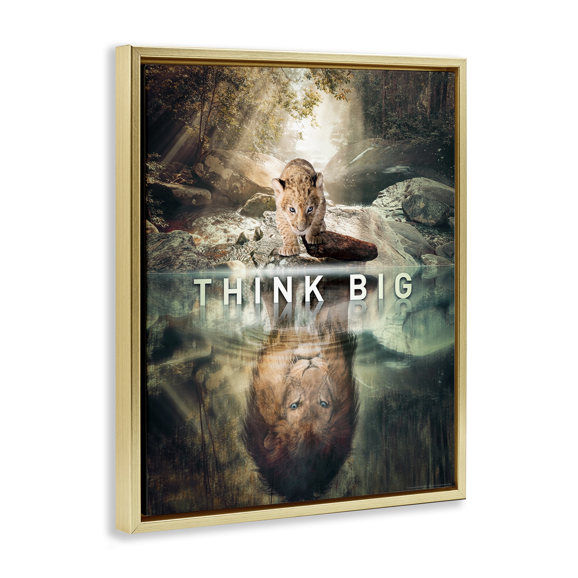 Stupell Industries Think Big Lion & Cub Animals Painting Gold Floater Framed Canvas Art Print Wall Art, 25 x 31