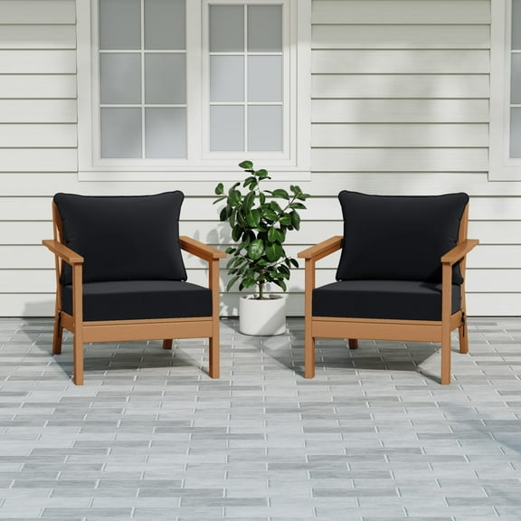 WestinTrends Avalon Outdoor Modern HDPE Patio Club Chairs with Deep Seat Cushions (Set of 2), Teak/Black