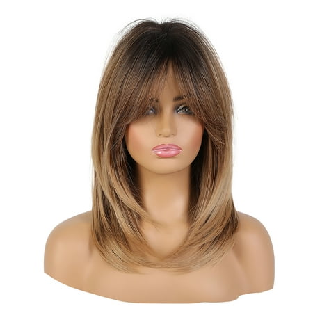 Light Brown Straight Wig Adjustable Synthetic Straight Wig Straight Human Hair Wig with Bangs Hair Net for Women Daily Use Gift