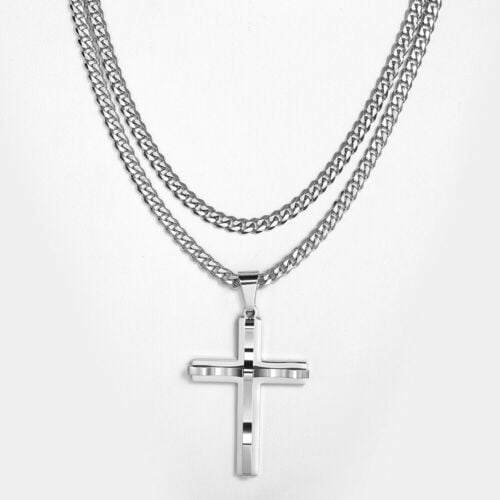 Heyrock 60CM Mens Stainless Steel Cuban Chain Necklace Simple Cross Gold/Black/Silver Color Pendant