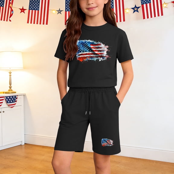 ITSAME Boys 4th of July Outfits 2-Piece Cotton American Flag Print T-Shirt and Shorts Casual Clothes Set Black Size 5