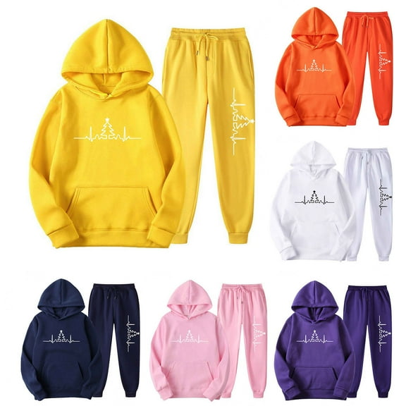 Brondbend Sweat Pant Sets for Women Hoodie for Women Long Sleeved Pocket Drawstring Pullover Printed Stretchy Waist Jogger Outfits Fashion Loose Tracksuits Running Fall Winter Sets Navy