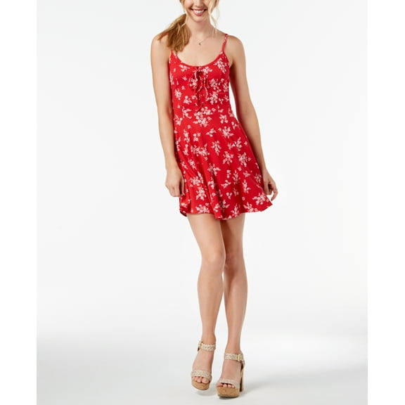 Juniors' Printed Lace-Up Fit & Flare Dress Tropical Punch M