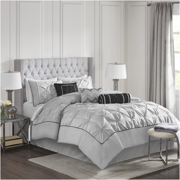 JERFIT 7-Piece King Comforter Set with Bed Skirt & Pillows, Grey Tufted Quilted Bedding Collection, All-in-One Luxury Bed Set