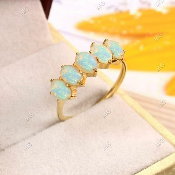 Natural Opal wedding band Unique 925 Silver Oval cut opal wedding ring half eternity Art deco bridal stacking matching band Anniversary ring