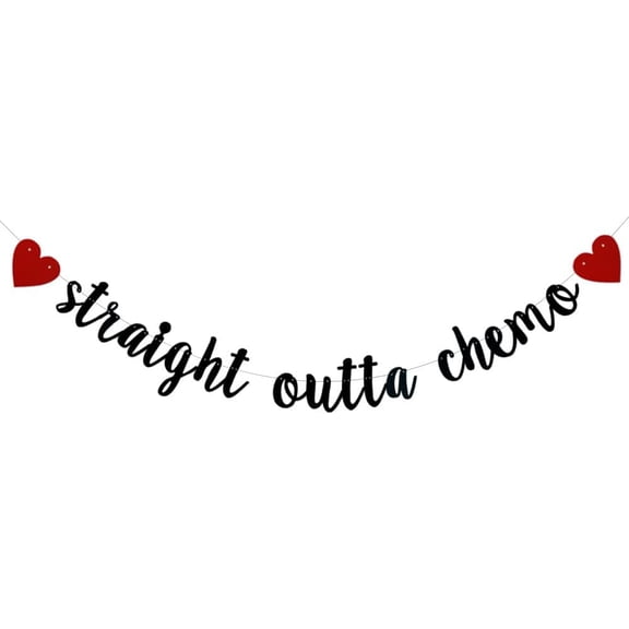 Straight Outta Chemo Banner, Pre-Strung, No Assembly Required, Funny Battle Cancer Gift,Black Paper Glitter Party Decorations for Cancer Survivor/Cancer Free Party Supplies