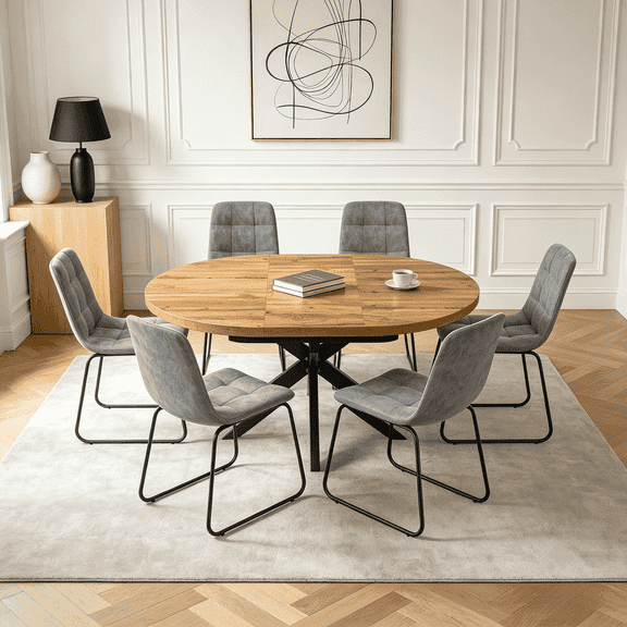 43.2"-59.2" Extendable Round Dining Table Set for 4-6,7 Piece Mid Century Modern Round Kitchen Table Set with 6 Upholstered Chairs for Kitchen Living Room, Space Saving