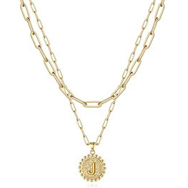 Gold Plated Dainty Layering Paperclip Link Chain Necklace Personalized Coin Initial Layered Gold Necklaces for Women, #J