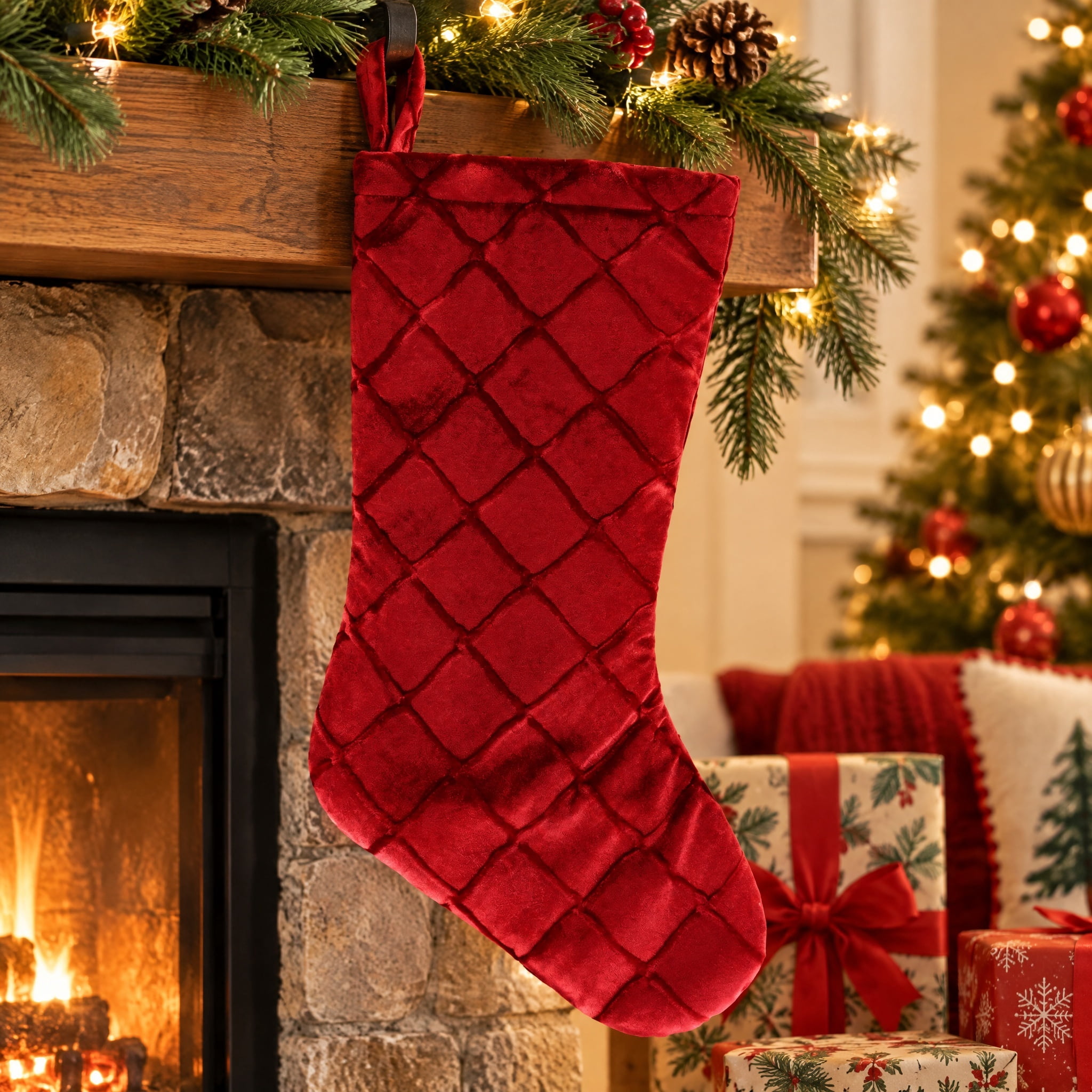 Embossed Diamond Pattern Christmas Stocking, Red, 17", by Holiday Time