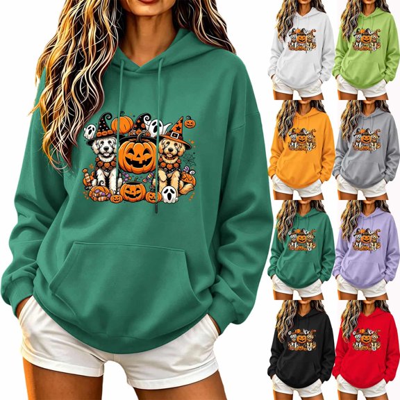 Fmbrln Women's Halloween Graphic Hoodie Long Sleeve Drawstring Hooded Sweatshirt Casual Pumpkin Print Pullover Tops with Pocket Army Green L