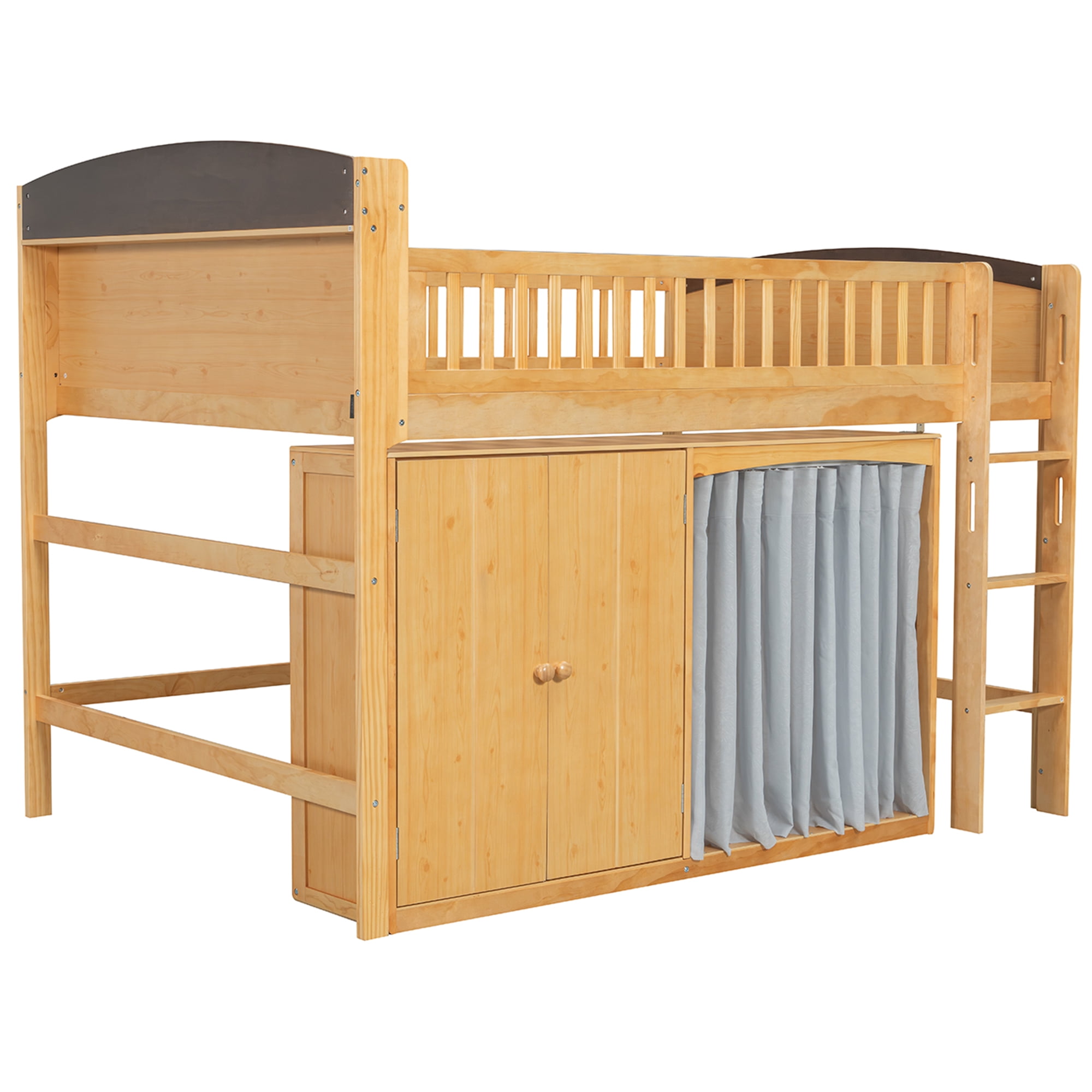Euroco Wood Full Loft Bed with Wardrobe and Cabinets, LED Light, Wood