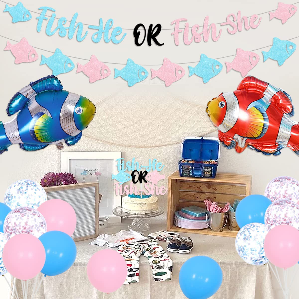 Fishe or Fishe Cupcake Toppers, Fish Themed Baby Shower, Fishing Baby  Gender Reveal Toppers , He or She Gender Reveal Decor, Pink or Blue 