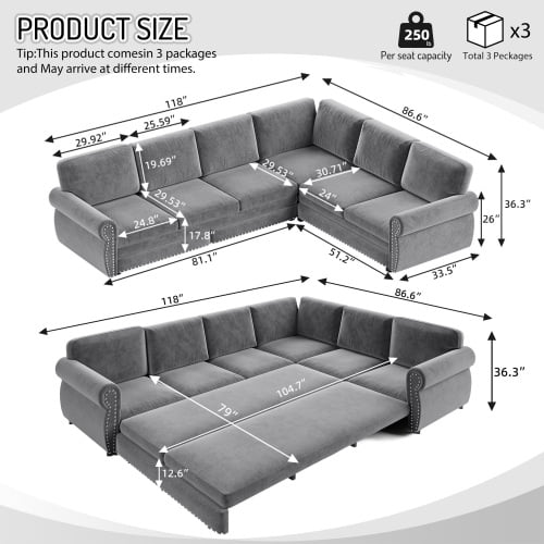 118" L-Shaped Sectional Sleeper Sofa with King Size Pull-Out Bed, Chenille Upholstered, Nailhead Trim & Rolled Arms, Grey