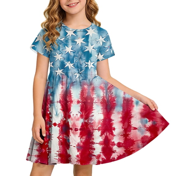 Virmaxy 4-13 Years Tie Dye Print 4th of July Pleated Dress Summer Patriotic Short Sleeve Crew Neck Holiday Dress for Casual and Party Wear