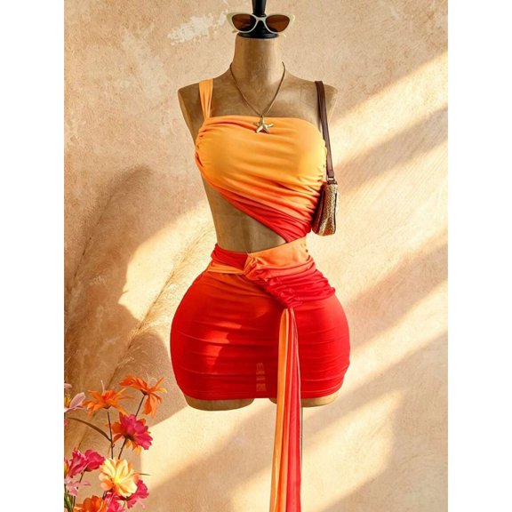 Multicolor Asymmetric Waist Cutout Ruched Mini Dress With Side Tie Detail