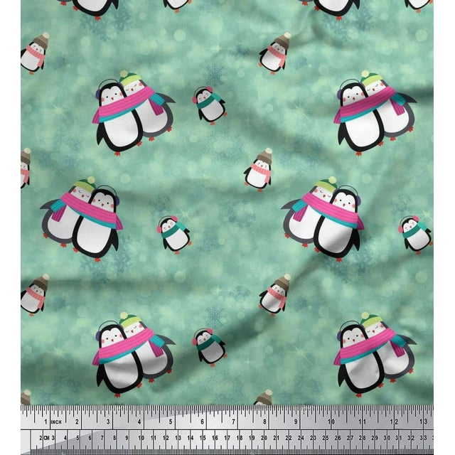 Soimoi Modal Satin Fabric Snowman & Penguin Kids Printed Fabric 1 Yard 42 Inch Wide