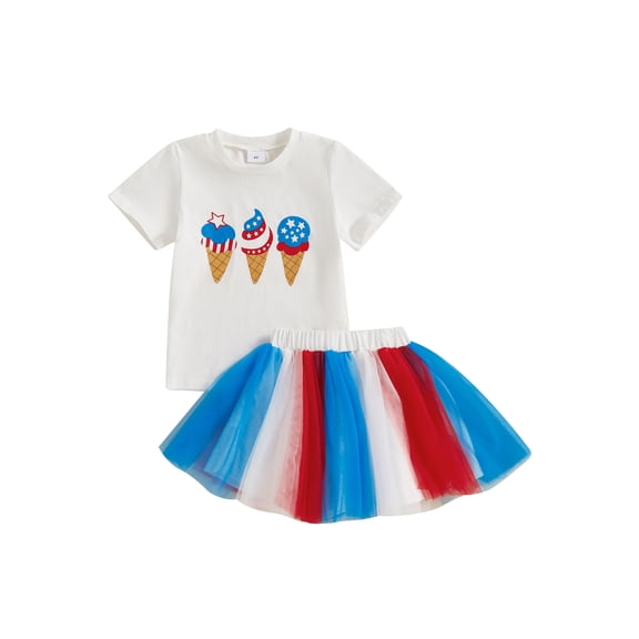 BemeyourBBs Kids Toddler Baby 4th of July Outfit Patriotic Summer Independent Day Clothes Short Sleeve Ice Cream Print T-shirt with Tulle Tutu Skirt Set Fourth of July Baby Clothing