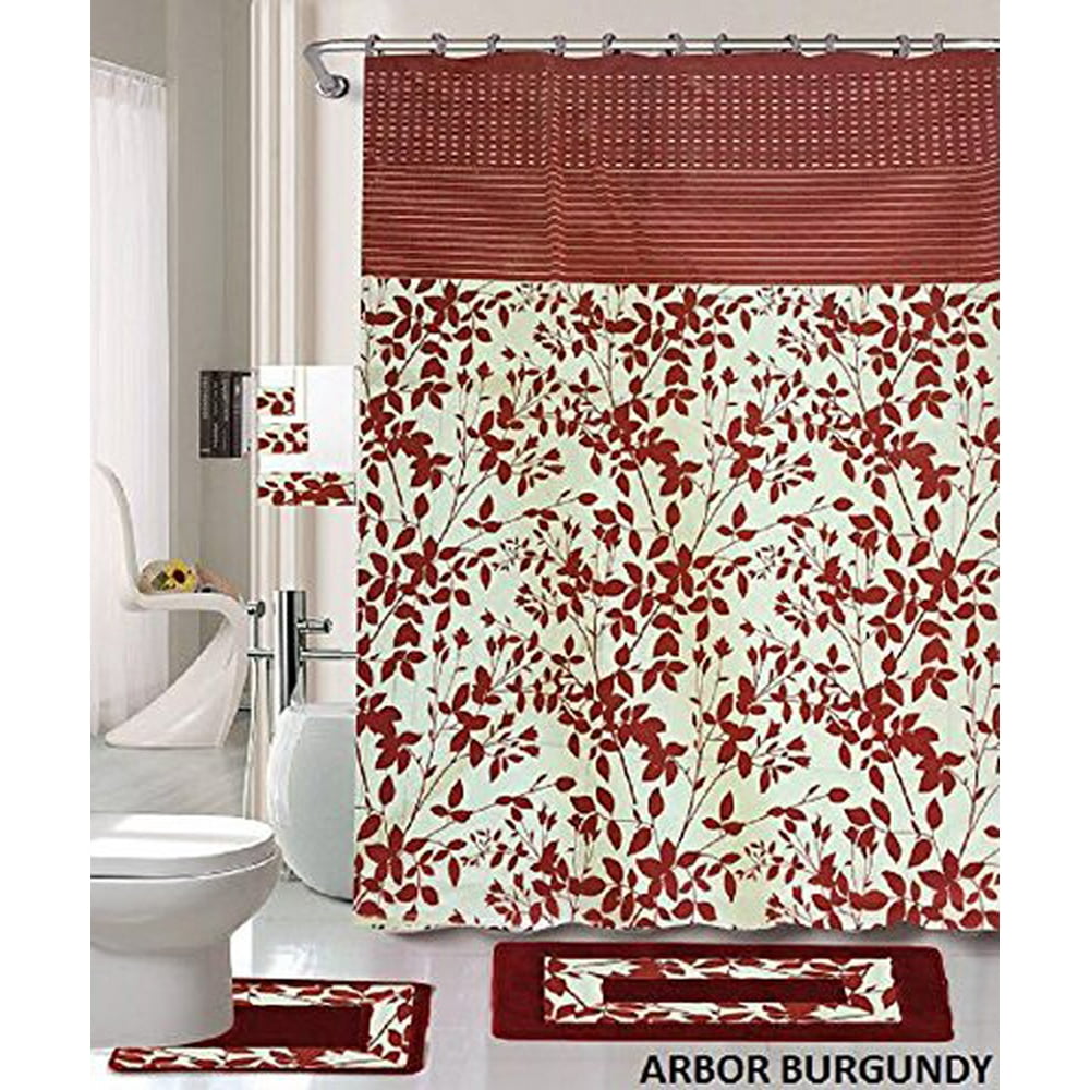 18 Piece Bath Rug Set Burgundy Holiday Red Leave print bathroom rugs