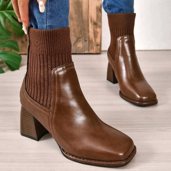 Heisall Women's Boots Winter Ankle Boots Short Shaft Solid Color Contrast Square Toe Knit Elastic Collar Chunky Heel High Heel Casual Fashion