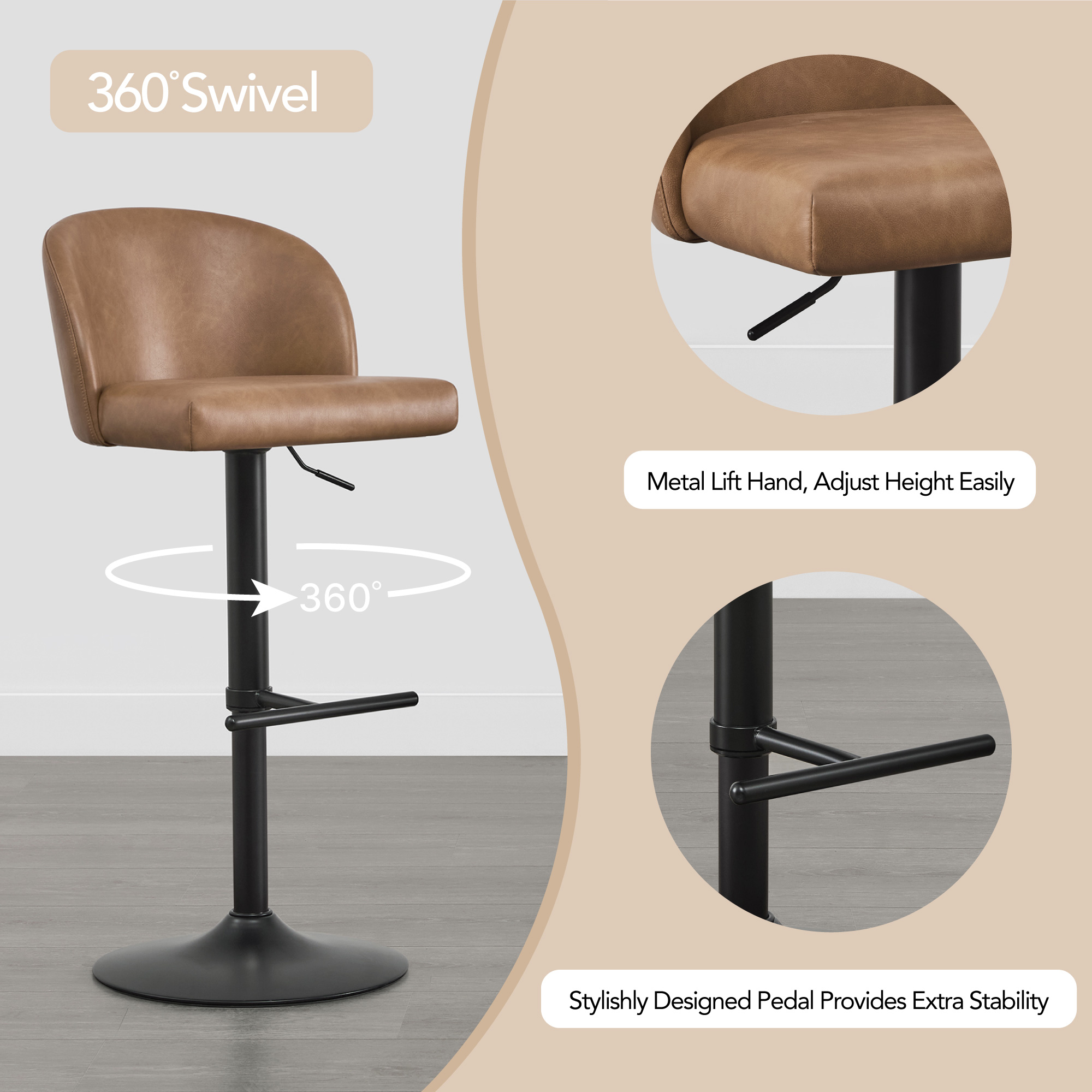Spruce & Spring Modern Adjustable Swivel Bar Stool with Air-Lift Set of 3, Cognac with Black Frame