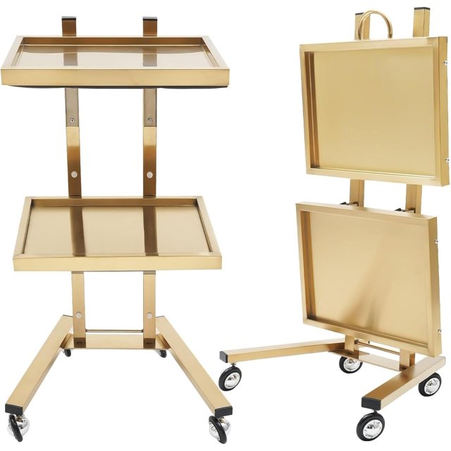 2 Tier Metal Rolling Cart, Stainless Steel Salon Tray with Wheels, Foldable Utility Cart, Salon Tray Trolley, Medical Trolley Cart, Mobile Storage Tray Cart for Tools Cavitation Machine Salon Supplies