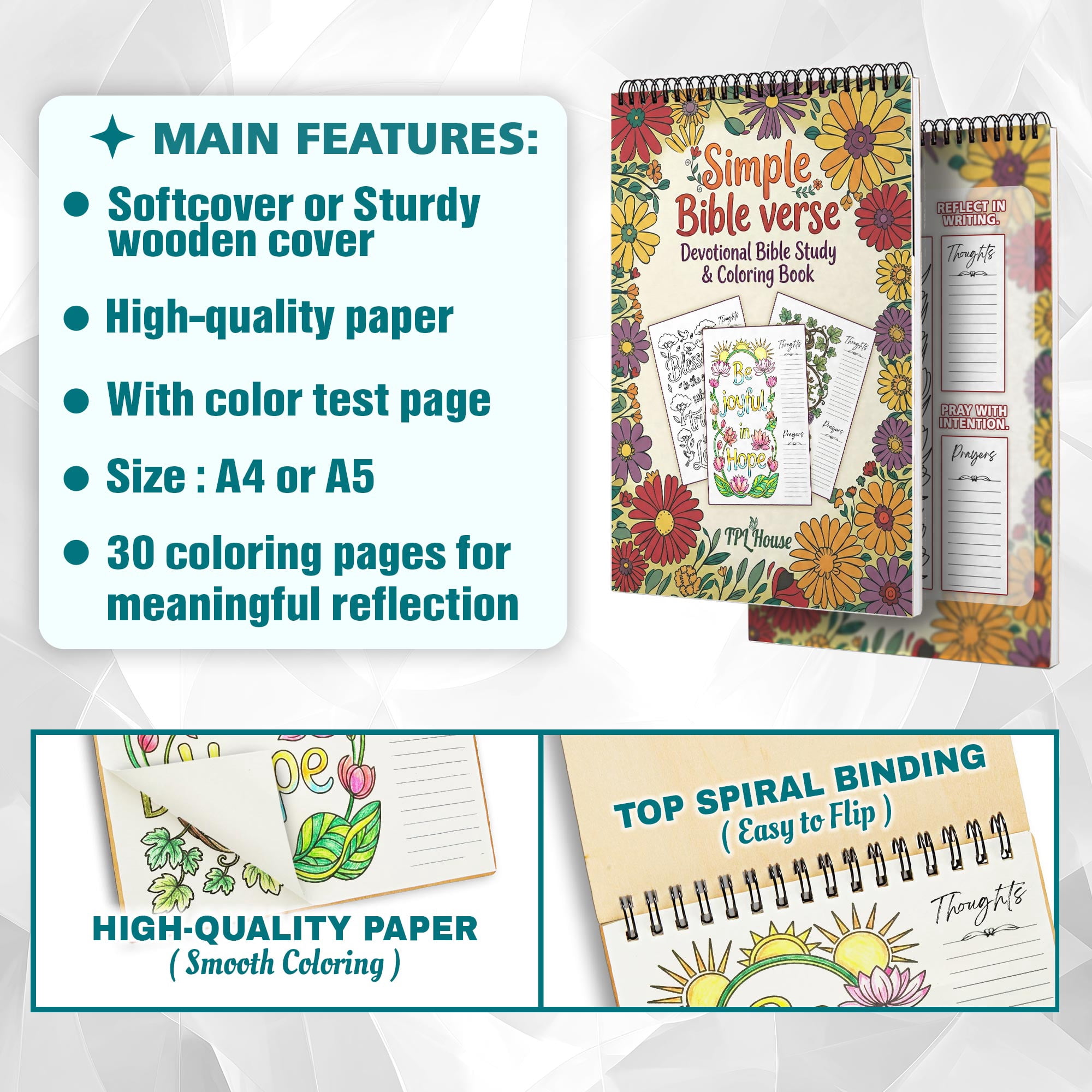 Simple Bible Verse Coloring Book for Adults, 30 Scripture Art Pages with Reflection & Prayer Space, Spiral Bound, A4 or A5 Softcover or Wood Cover