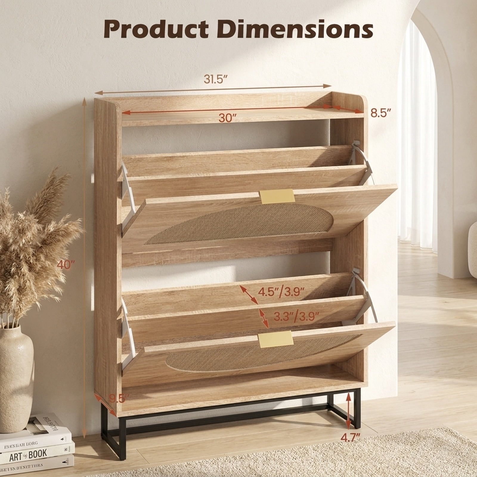 Furnibear Tall Narrow Shoe Storage Cabinet with 2 Flip Drawers Adjustable Removable Shelves and Faux Rattan Doors for Entryway and Hallway, Natural