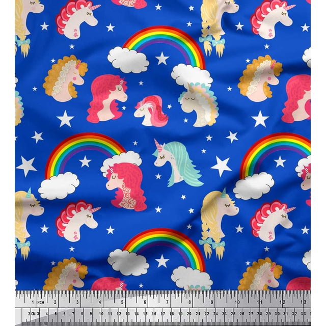 Soimoi Blue Moss Georgette Fabric Rainbow & Unicorn Face Print Fabric by Yard 42 Inch Wide