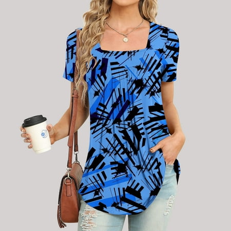 Summer Plus Size Tops Women Casual Women Casual Print T-shirt Tops Short  Sleeve Square Collar Loose Pleated Blouse V Neck Tshirt Women on Clearance  