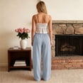 thumbnail image 5 of Petite Linen Pants for Women Striped Casual Comfy Elastic Waist Linen Drawstring Pants Y2k Baggy Flowy Lightweight Work Trousers Gray M, 5 of 6