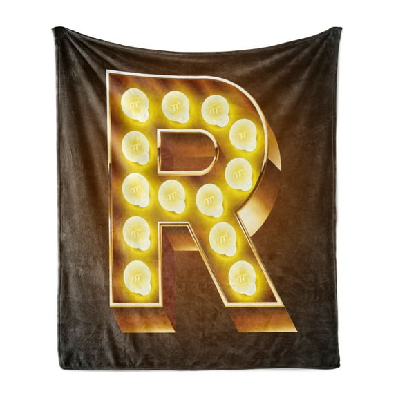 Letter R Soft Flannel Fleece Throw Blanket, Old Carnival Themed Alphabet Capital R Vibrant Colored Image Print, Cozy Plush for Indoor and Outdoor Use, 70" x 90", Caramel and Yellow, by Ambesonne