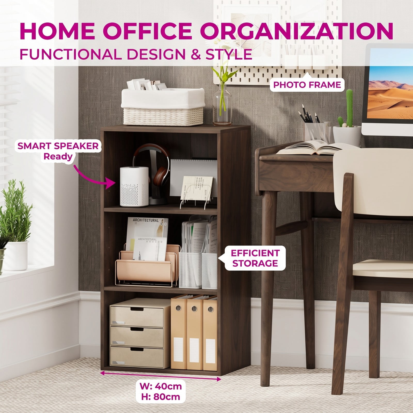 Furnibear 3-Tier Open Shelf Bookcase, Modern Freestanding Storage Display Cabinet with 2 Adjustable Shelves and Anti-Tip Kit for Living Room Bedroom Home, Walnut Brown