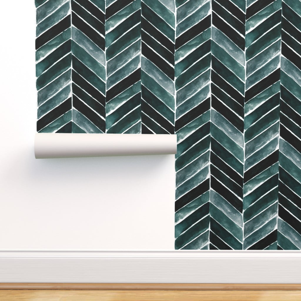 Peel & Stick Wallpaper Swatch - Chevron Painted Deep Blue Green Stripe Teal  Herringbone Watercolor Modern Custom Removable Wallpaper by Spoonflower -  