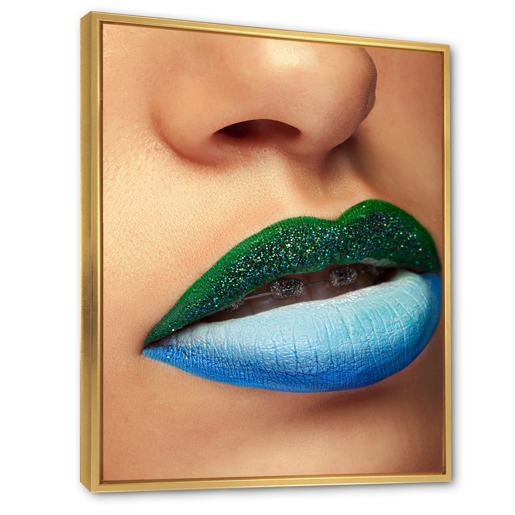 Designart 'Close Up Woman Lips With Fashion Make Up and Brackets' Modern Framed Canvas Wall Art Print