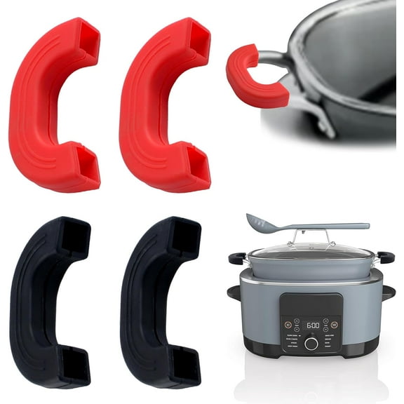 2 Pairs of Silicone Pot Handle Cover, Black&Red Non Slip Heat Resistant Handle Covers Compatible with Ninja Slow Cooker Reusable Silicone Handle Cover