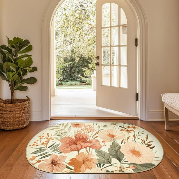 Alfombra Jinchan Floral Ovalada 3x5 Lavable Antideslizante Rosa Gris
