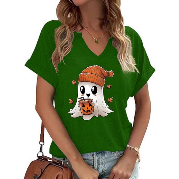 VKOYWKM Womens Fall Shirts Thanksgiving T Shirts Trendy Print Thankful Grateful Blessed T-Shirts Top Holiday V Neck Short Sleeve Tees Thanksgiving Gifts for Women