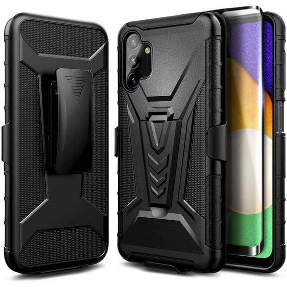 Nagebee Phone Case Compatible for Samsung Galaxy A14 5G with Tempered Glass Screen Protector (Full Coverage), Belt Clip Holster with Built-in Kickstand Heavy Duty Shockproof Armor Case (Black)