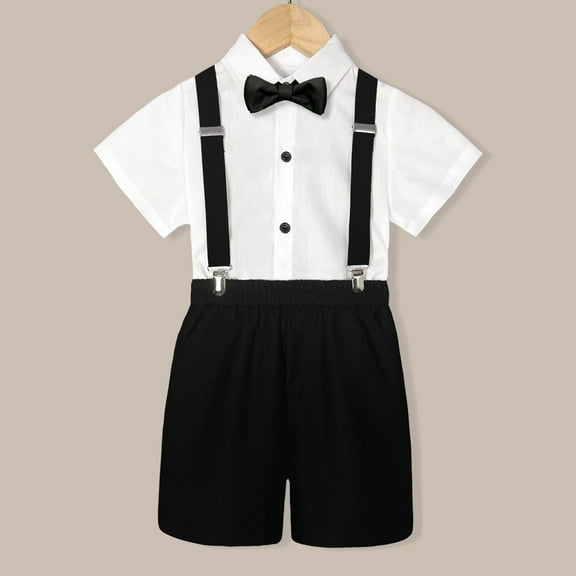 XUELUO Toddler Boys Casual Outfit Sets Kids Summer British Style Short Sleeved Shirt Suspenders Shorts Bow Tie 4Pc Children Performance Suit Clothing Daily-Wear