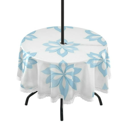 

60 Outdoor Round Tablecloth with Umbrella Hole & White Lace Trim Waterproof Patio Table Cover for Garden Kitchen Dining Blue Snowflake-like Flowers