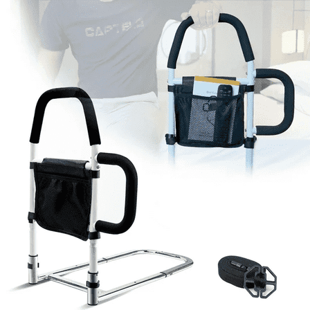 Bed Assist Rail with Double Non-Slip Grab Bars, Bed Rails for Seniors with Storage Pocket-300lbs Support, Fix All Beds Frame