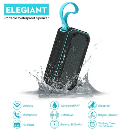 Waterproof Speaker, ELEGIANT Portable IPX7 Waterproof Shower Speakers w Mic / 12 Hour Play Time Enhanced Bass FM Radio for Outdoors Beach Hiking (Best Outdoor Waterproof Speakers)